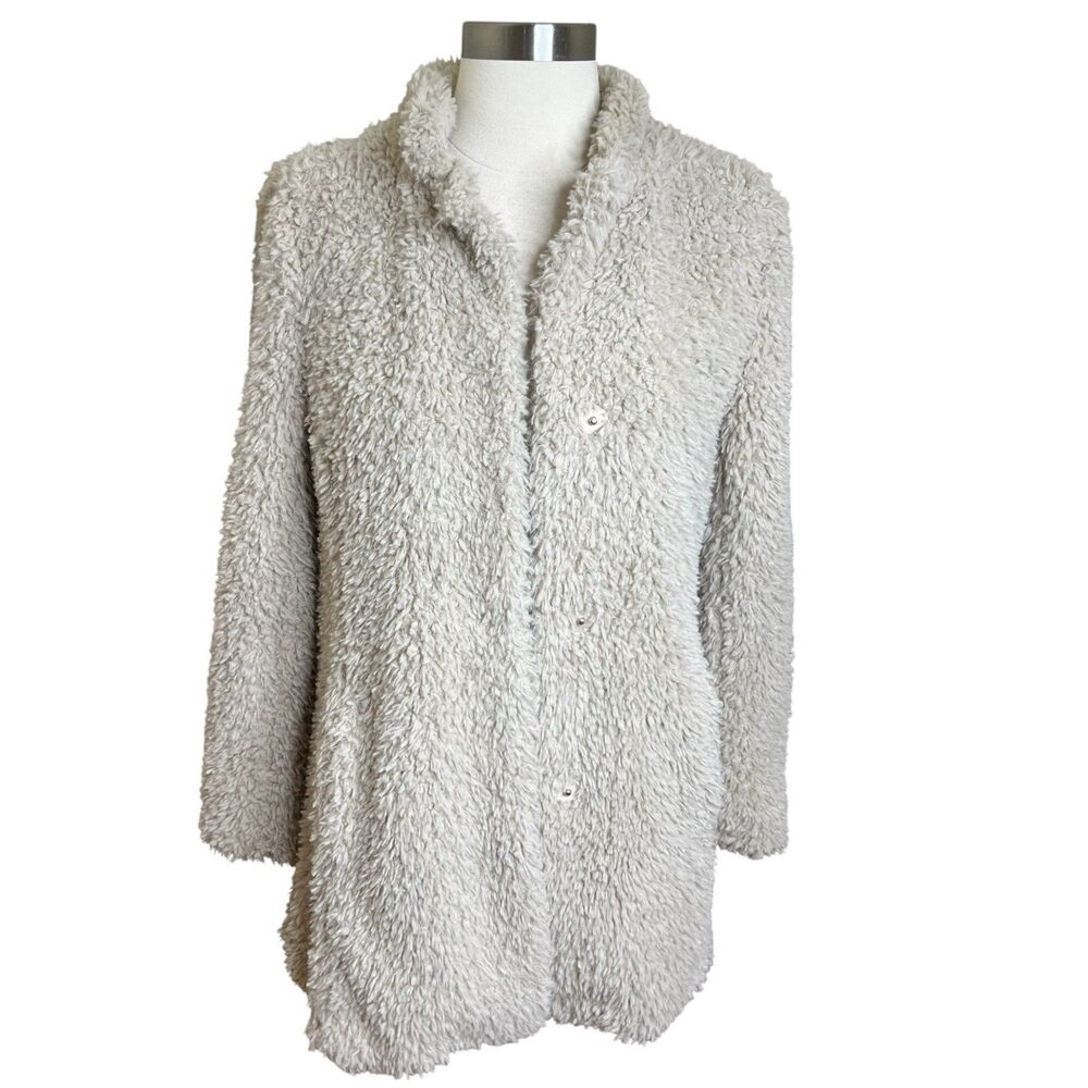 Anthropologie Elevenses Coat Womens 2 Beige Faux Fur Sherpa Snap Front Jacket
